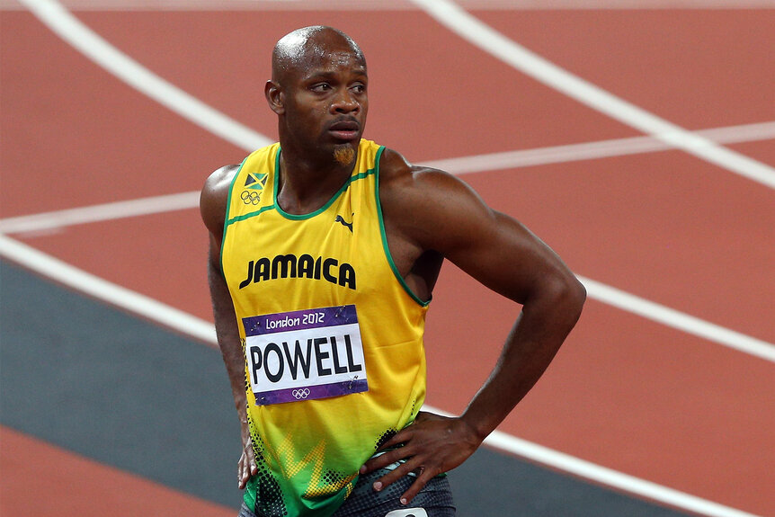 Asafa Powell on the track on Day 9 of the London 2012 Olympic Games