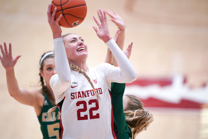 Cameron Brink shoots a ball in a basketball game