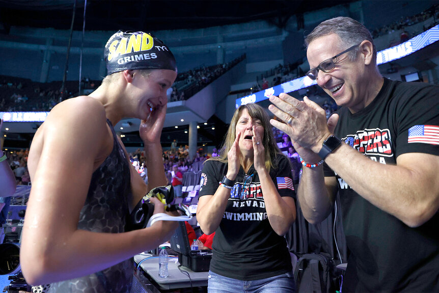 Katie Grimes celebrates winning after the 2021 US Olympic Team Swimming Trials