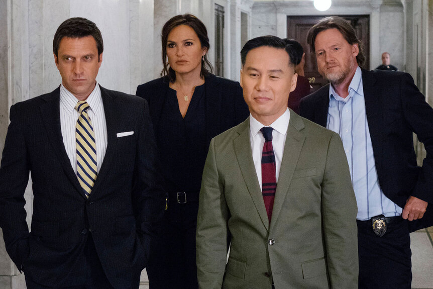 Raul Esparza as ADA Rafael Barba, Mariska Hargitay as Sgt. Olivia Benson, B.D. Wong as Dr. George Huang, and Donal Logue as Lt. Declan Murphy in Law & Order: Special Victims Unit Season 14 Episode 19.