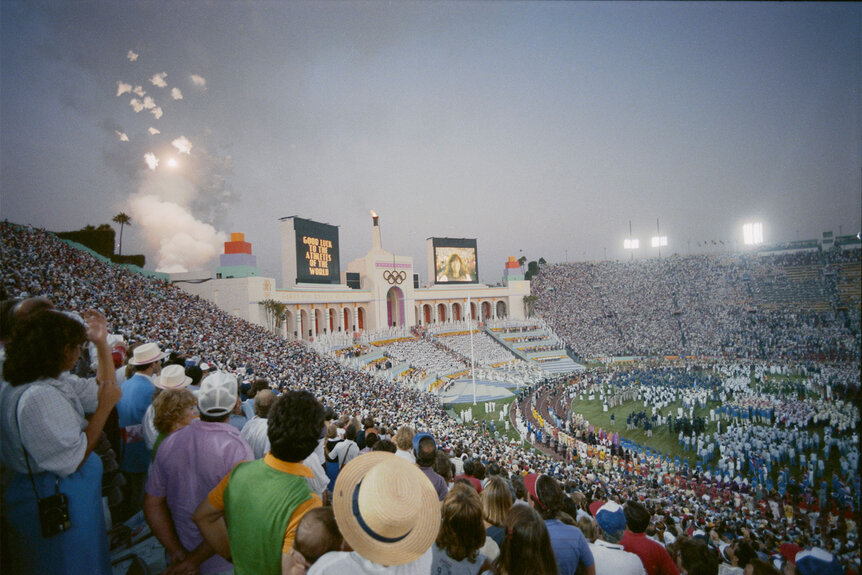 The opening ceremony of the 1984 Summer Olympics, as seen from the upper tier of the Los Angeles Memorial Coliseum