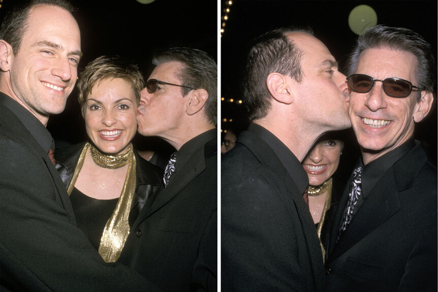 Richard Belzer, Mariska Hargitay, and Chris Meloni embrace