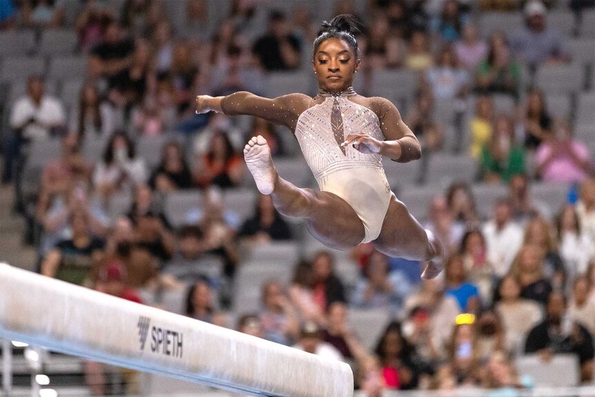 Simone Biles during her beam routine during the 2024 Xfinity U.S. Gymnastics Championships