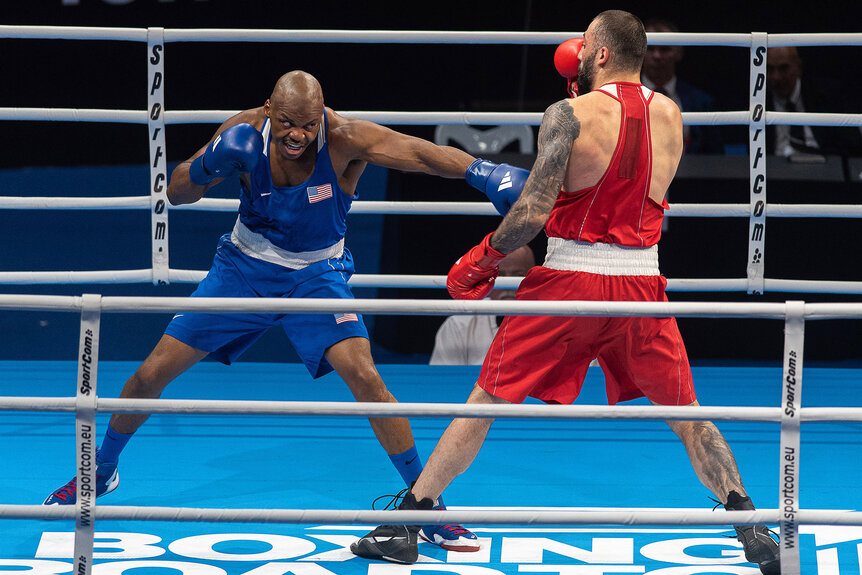 Georgii Kushitashvili (Red) of Georgia and Jamar Talley (Blue) of USA seen in action during the Boxing road to Paris 2nd World Qualification Tournament