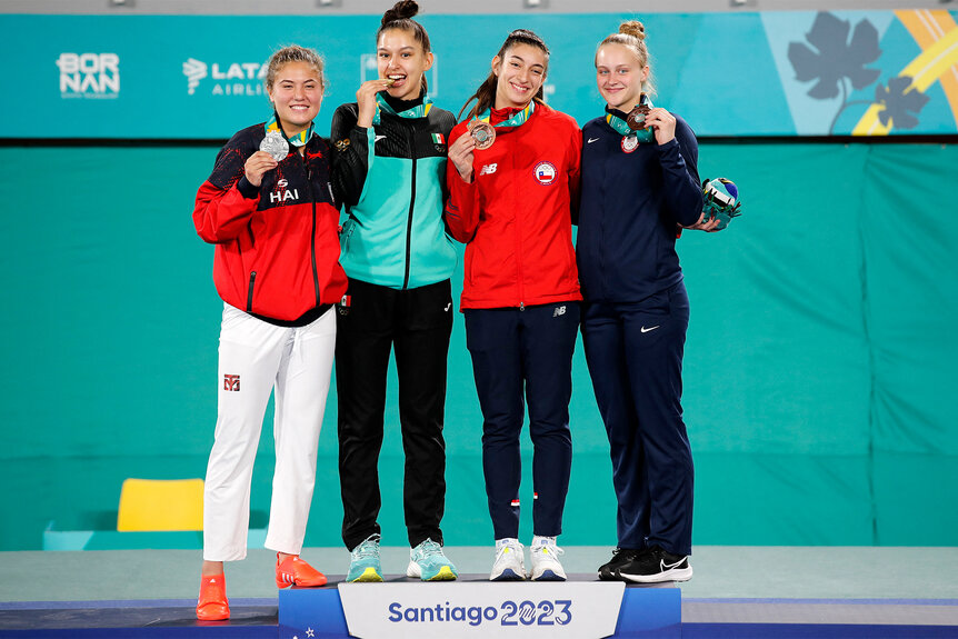 2024 Olympic Taekwondo athletes pose with their medals at the women's kyorugi -67kg final taekwondo event