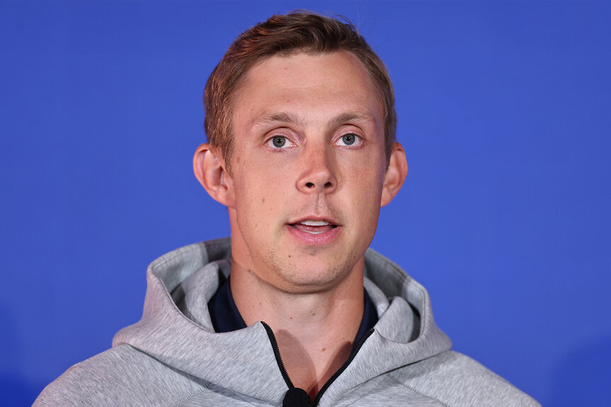 Canyon Barry speaks during a press conference during the Team USA Media Summit