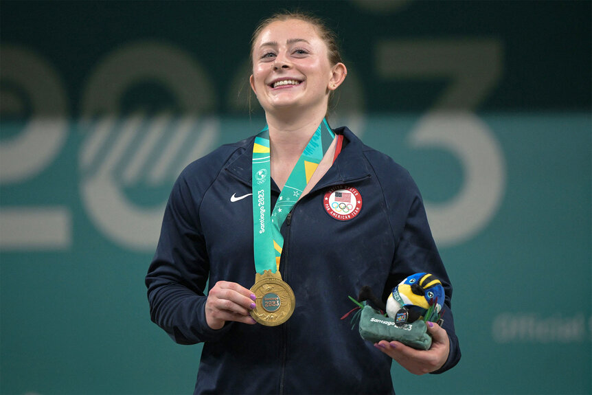 Olivia Reeves at the podium with her gold medal at the Pan American Games Santiago 2023