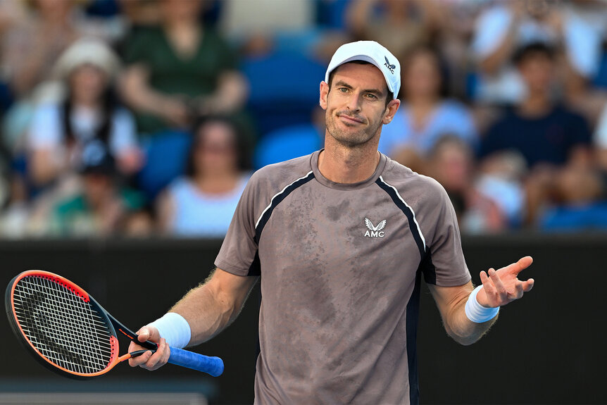 Andy Murray reacts on the tennis court during a match