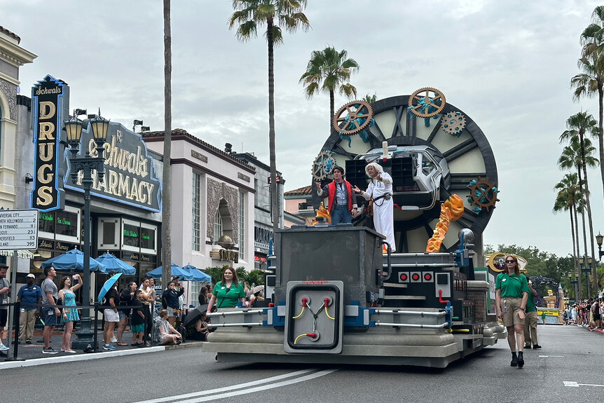 The Back To The Future float at the Mega Movie Parade