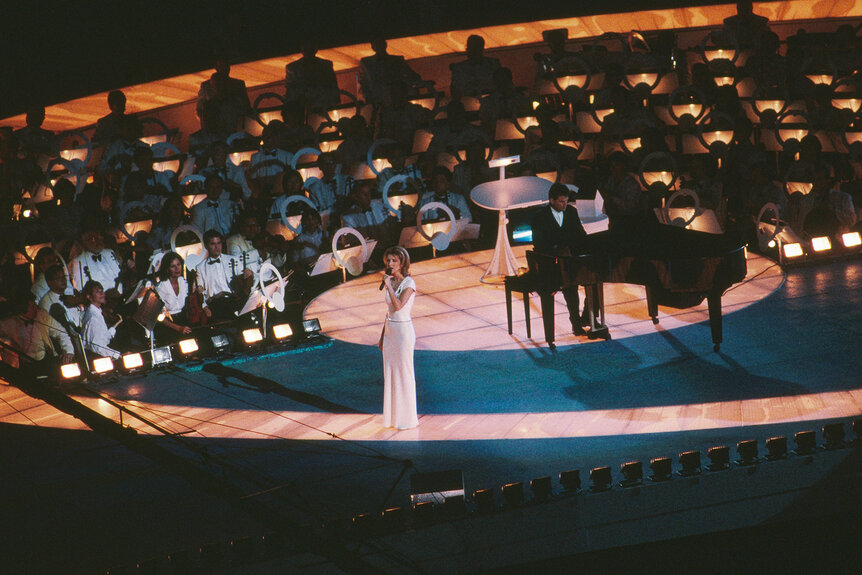 Celine Dion performs at the opening ceremony of the 1996 olympics in Atlanta