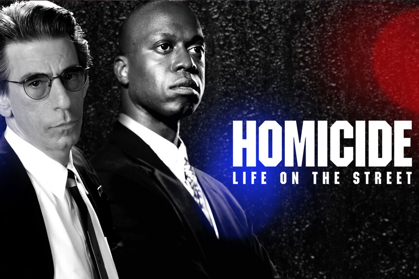 Richard Belzer as Detective John Munch and Andre Braugher as Detective Frank Pembleton in key art for Homicide: Life on the Street.