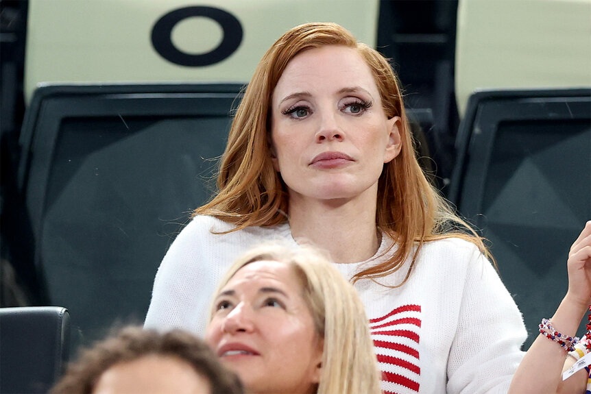 Jessica Chastain sits in the audience at the 2024 olympics