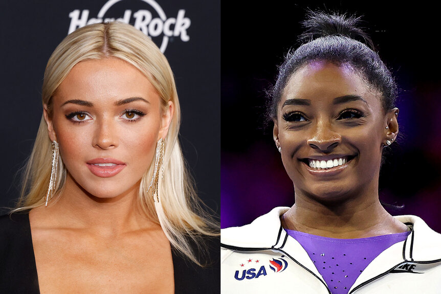 A split of Olivia "Livvy" Dunne and Simone Biles.