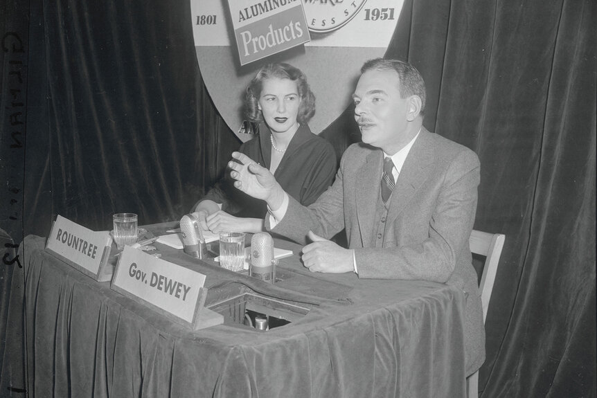 Martha Rountree, moderator of "Meet The Press" talks with New York Governor Dewey on February 11, 1951.