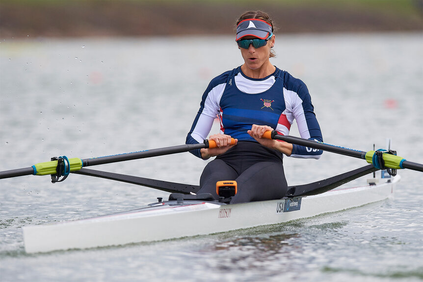 Kara Kohler rowing on water during the Women's Single Sculls qualifications during 2022 World Rowing Championships