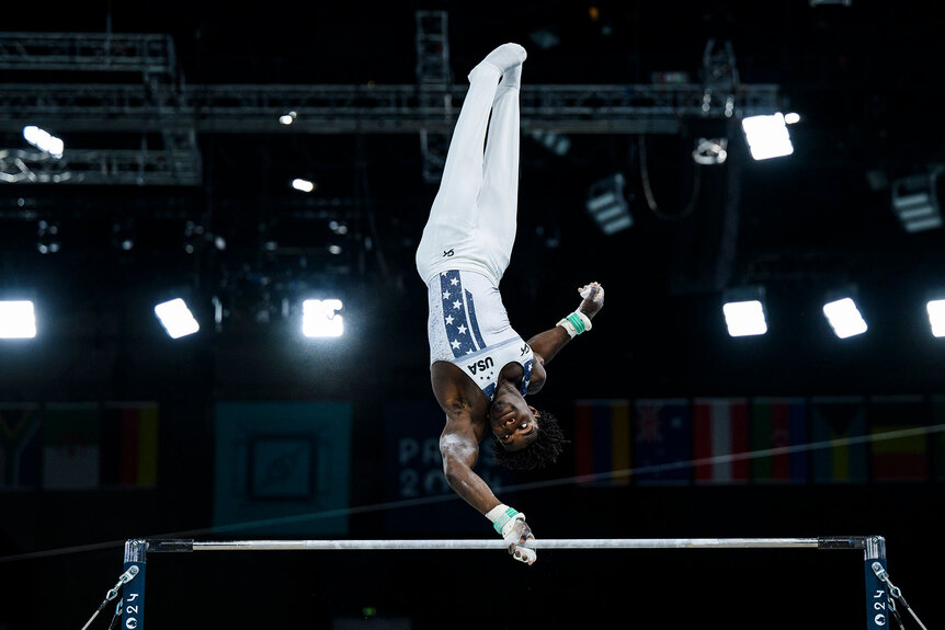 Fred Richard on the horizontal bar at the 2024 Olympics.