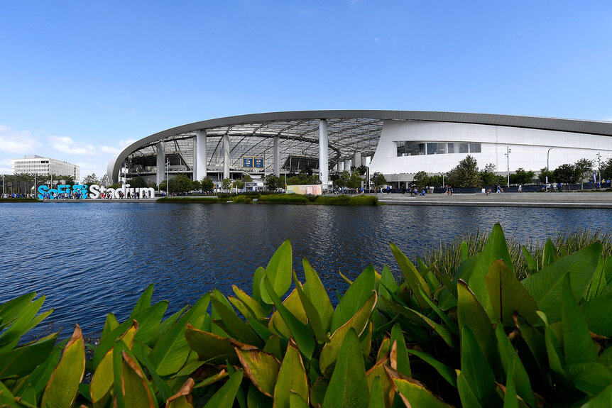 An exterior view of SoFi Stadium prior to a game between the Atlanta Falcons and Los Angeles Rams