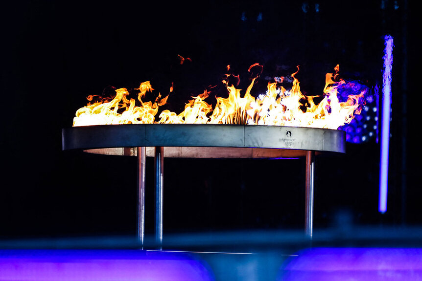 The Olympic flame cauldron on the Place de la Republique in Paris, France