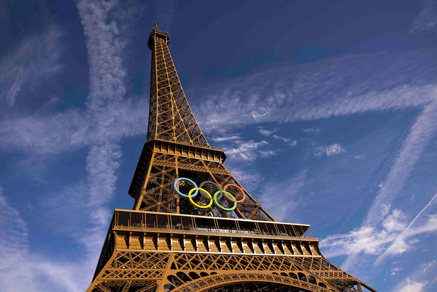 The Eiffel tower decorated with Olympic rings is seen on July 21, 2024 in Paris, France