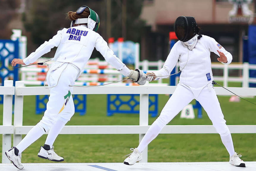 Paris 2024 Olympics Jessica Davis of Team United States (R) competes against Isabela Abreu of Team Brazil (L) on Fencing as part of Women's Modern Pentathlon