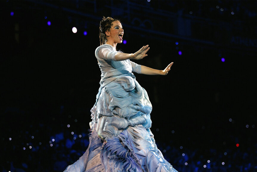 Bjork sings at the opening ceremony of the Athens Olympic Games in 2004.