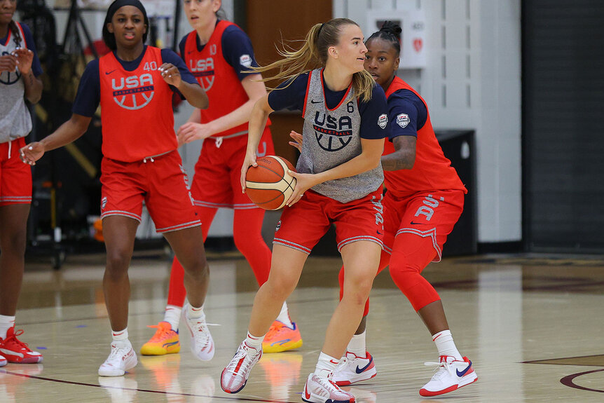 Sabrina Ionescu #6 handles the ball during the USA Basketball Women's National Team