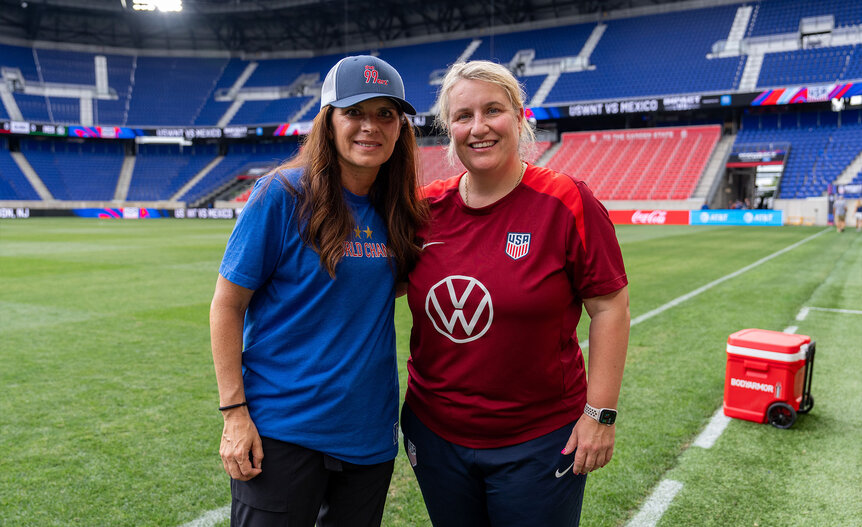 Mia Hamm and head coach Emma Hayes of the United States pose for a photo together