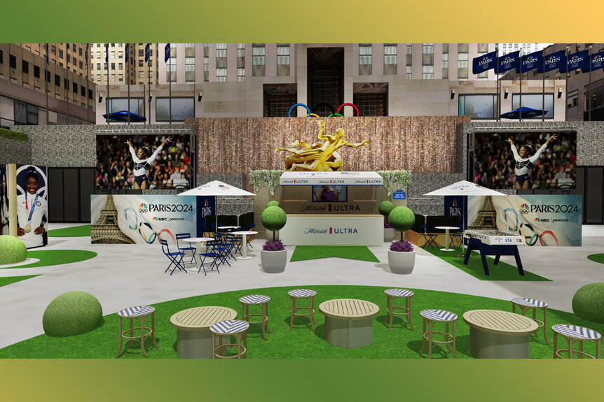 A rendering of Rockefeller Center's courtyard featuring where screens will be for their coverage of the 2024 Olympics