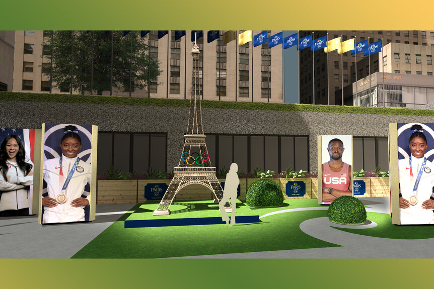 A rendering of Rockefeller Center's courtyard featuring athletes for their coverage of the 2024 Olympics