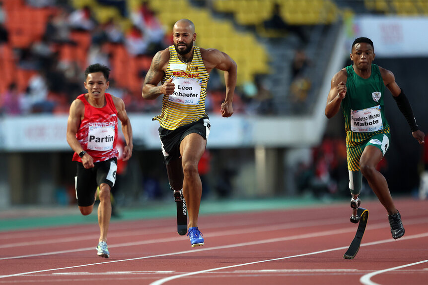 Leon Schaefer of Germany runs crossing the finish line at the World Para Athletics Championships