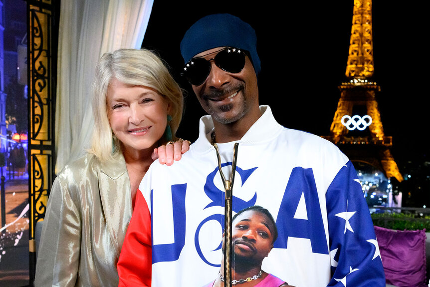 Martha Stewart and Snoop Dogg pose on the set of NBCUniversal's Primetime in Paris