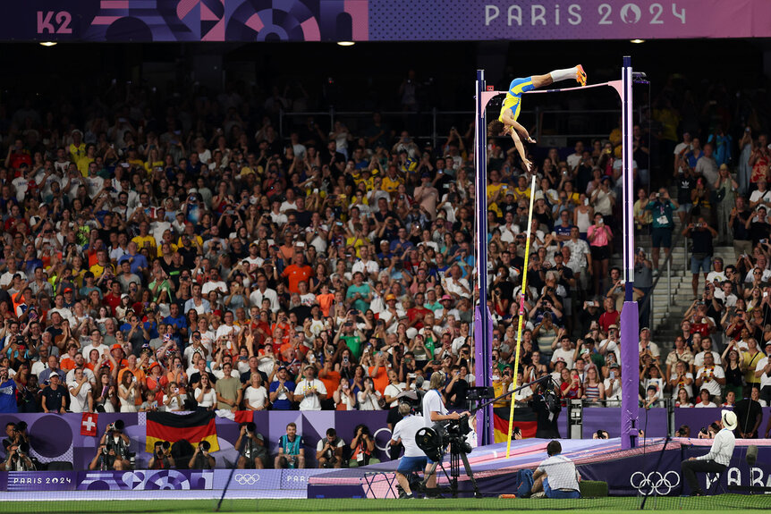 Armand Duplantis of Team Sweden competes during the Men's Pole Vault Final at theParis 2024 Olympics