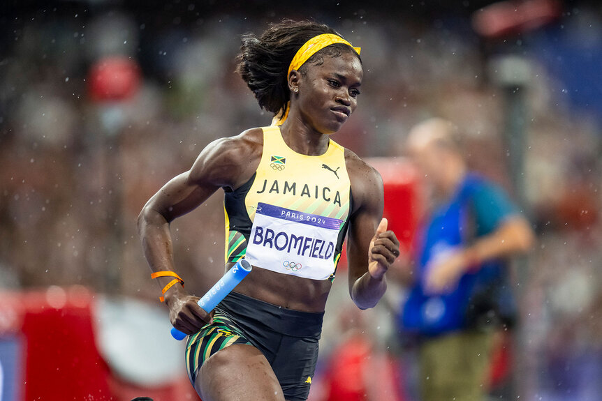 Junelle Bromfield of Team Jamaica competes during the 4 x 400m Relay Mixed final at the Paris 2024 Olympics