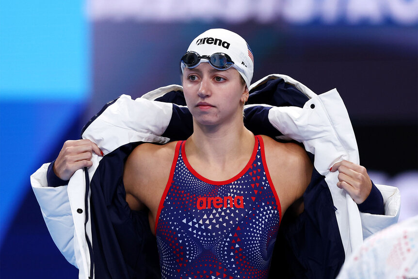 Kate Douglass of Team United States prepares to compete ahead of the Women's 200m Breaststroke Heats on day five of the Olympic Games Paris 2024