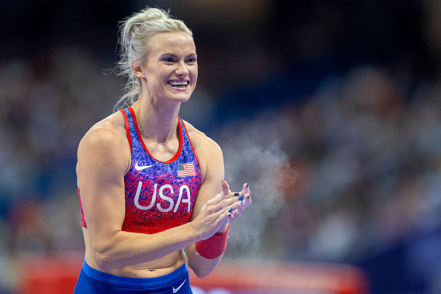 Katie Moon of the United States reacts after going clear during her silver medal performance in the Women's Pole Vault Final at the Paris 2024 Olympics