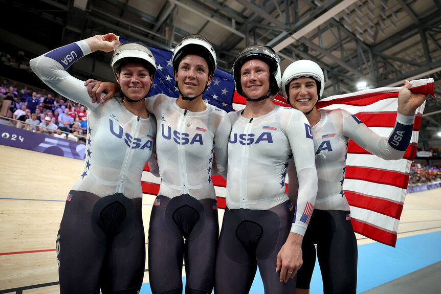 Gold medalists Jennifer Valente, Lily Williams, Chloe Dygert and Kristen Faulkner of Team United States celebrate after the Women's Team Pursuit Finals