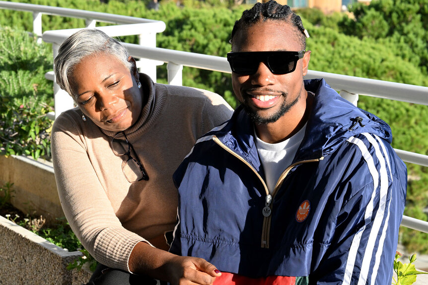 Noah Lyles and his mother Keisha Caine pose during a private photoshoot prior to World Athletics Awards in Monaco in December of 2023.