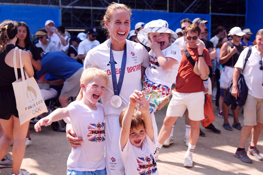 Great Britain's Helen Glover with her children Logan, Kit and Willow after winning a silver medal in the Women's Rowing Four