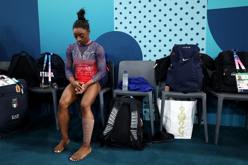 Simone Biles wears a wrap around her calf during the Artistic Gymnastics Women's Floor Exercise Final