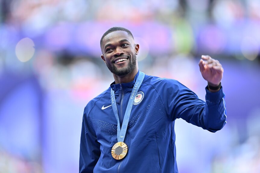 Rai Benjamin receives his gold medal in the men's 400m hurdles at the 2024 Olympics