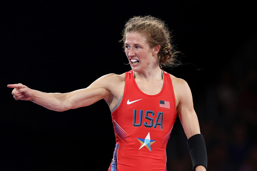 Sarah Ann Hildebrandt points during a match at the 2024 Olympics