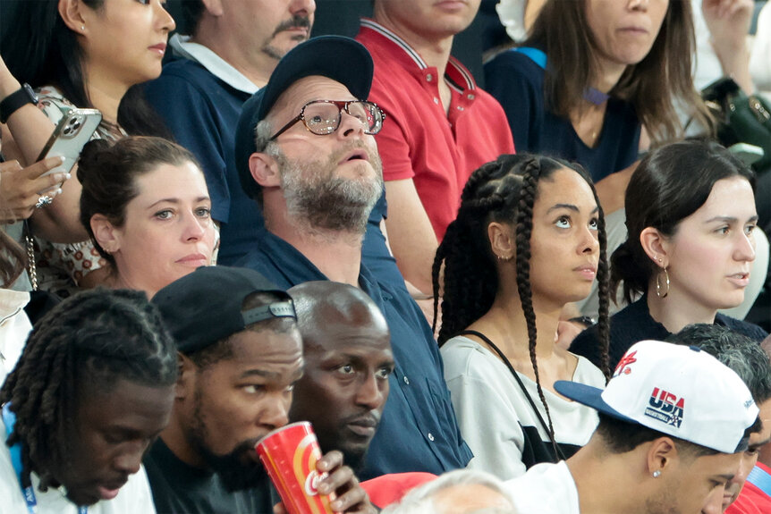 Seth Rogan looks up while watching the 2024 Olympics