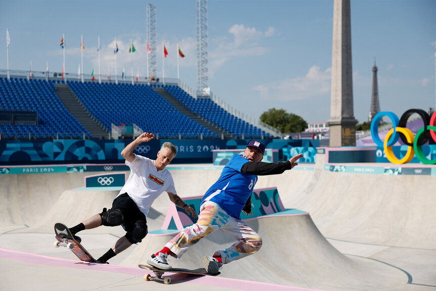 Tony Hawk skates in the skate park before the skateboarding event at the 2024 olympics