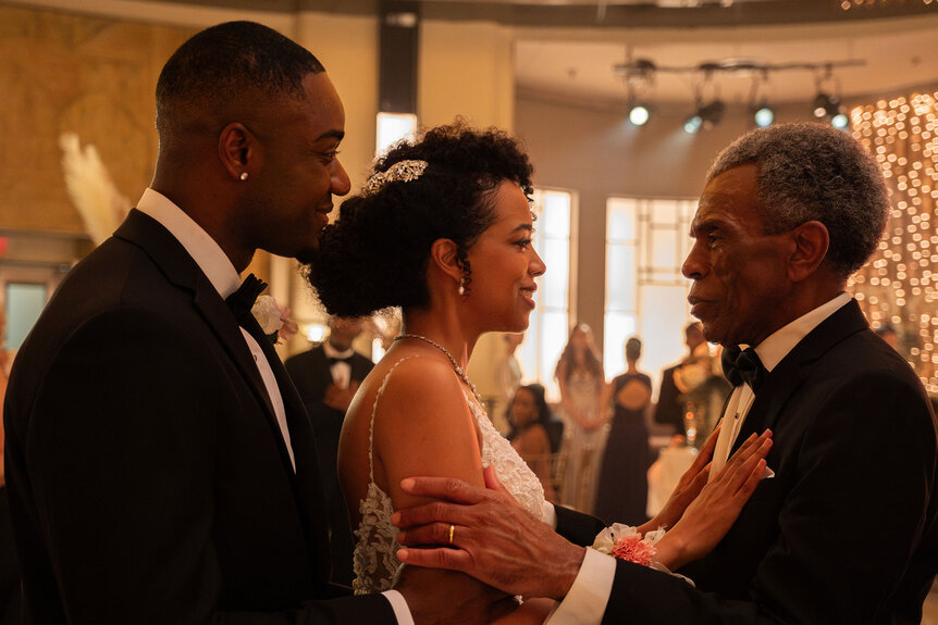 Quenton Rose as the Groom, Getenesh Berhe as the Bride, and Andre De Shields as Harold in Brilliant Minds.