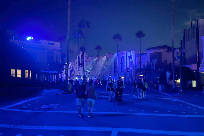 A view outside at night during Halloween Horror Nights