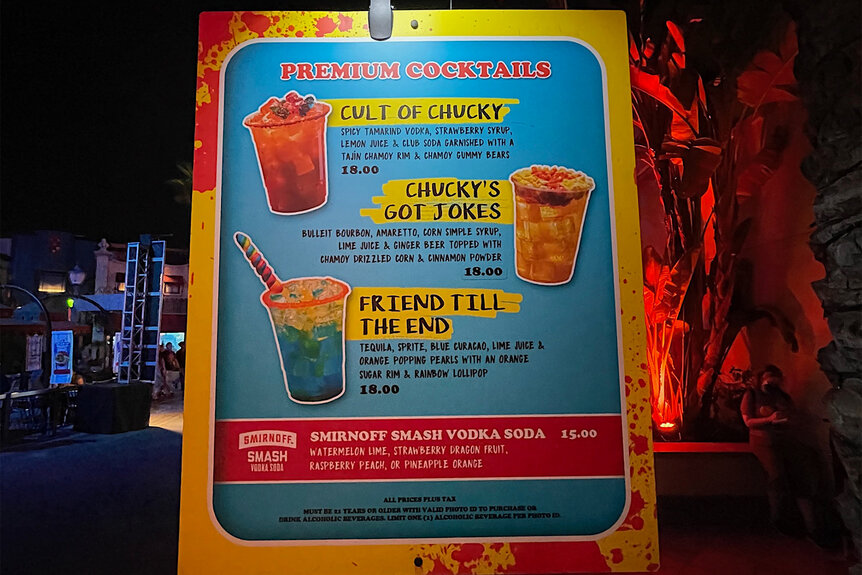 The drinks menu at the chucky experience at Universal Studios Hollywood Halloween Horror Nights