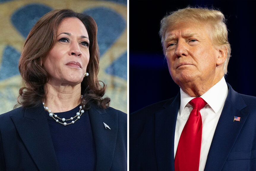 Split image of Kamala Harris and Donald Trump