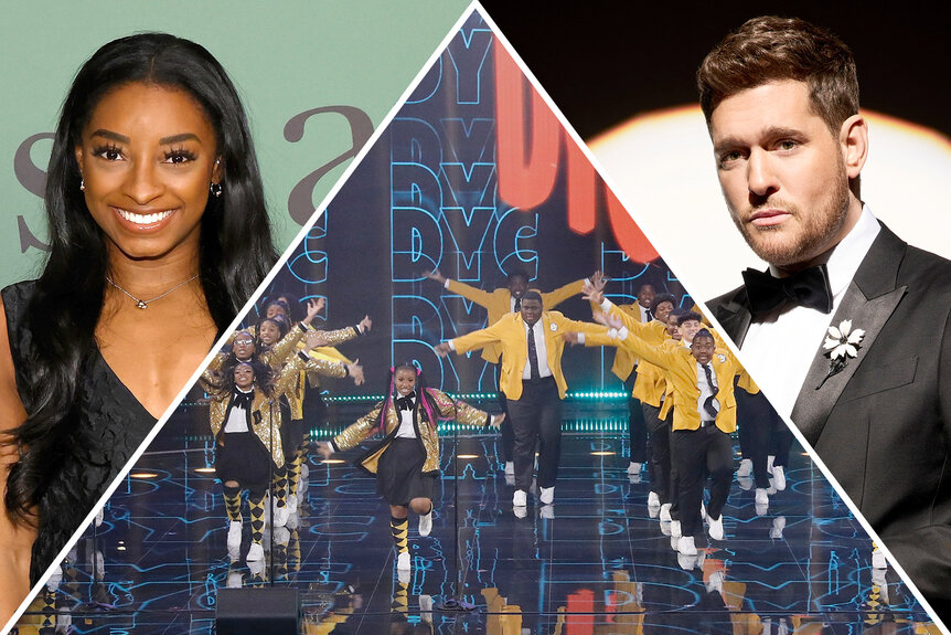 A split of Simone Biles, The Detroit Youth Choir and Michael Buble