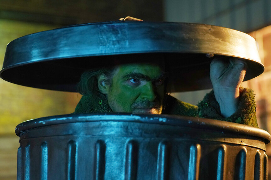 David Harbour peaks his head out of a trash can on Saturday Night Live Season 43 Episode 3