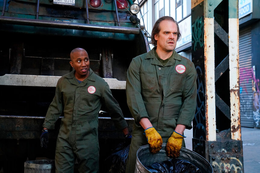 Chris Redd and David Harbour as garbage men on Saturday Night Live Season 43 Episode 3